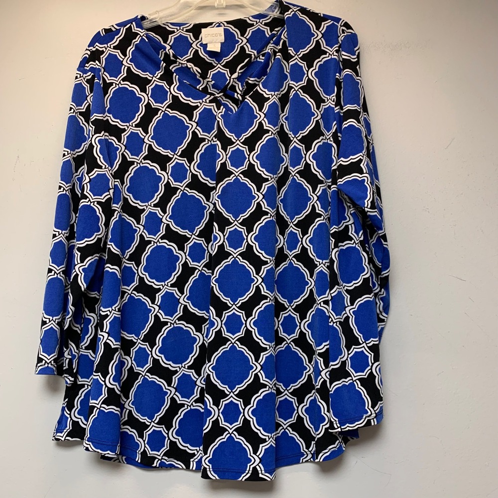 Chico's Tunic Top Women Size 3 Blue Black Geometric Quatrefoil 3/4 Sleeve Excel